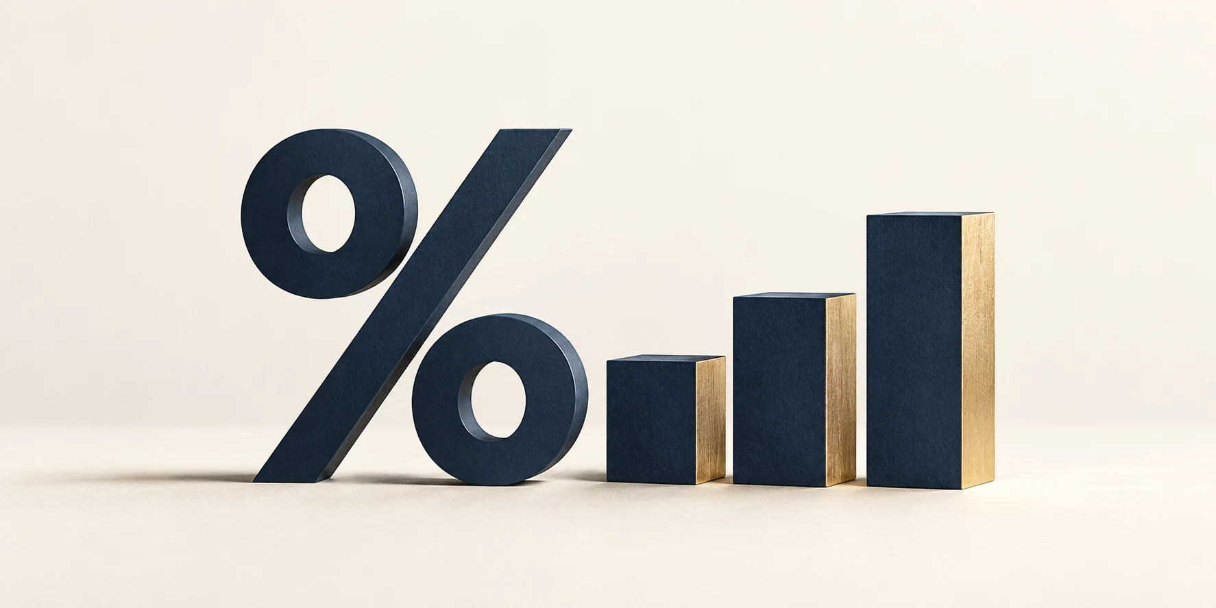 Editorial illustration of a navy percentage symbol and geometric forms with gold accents